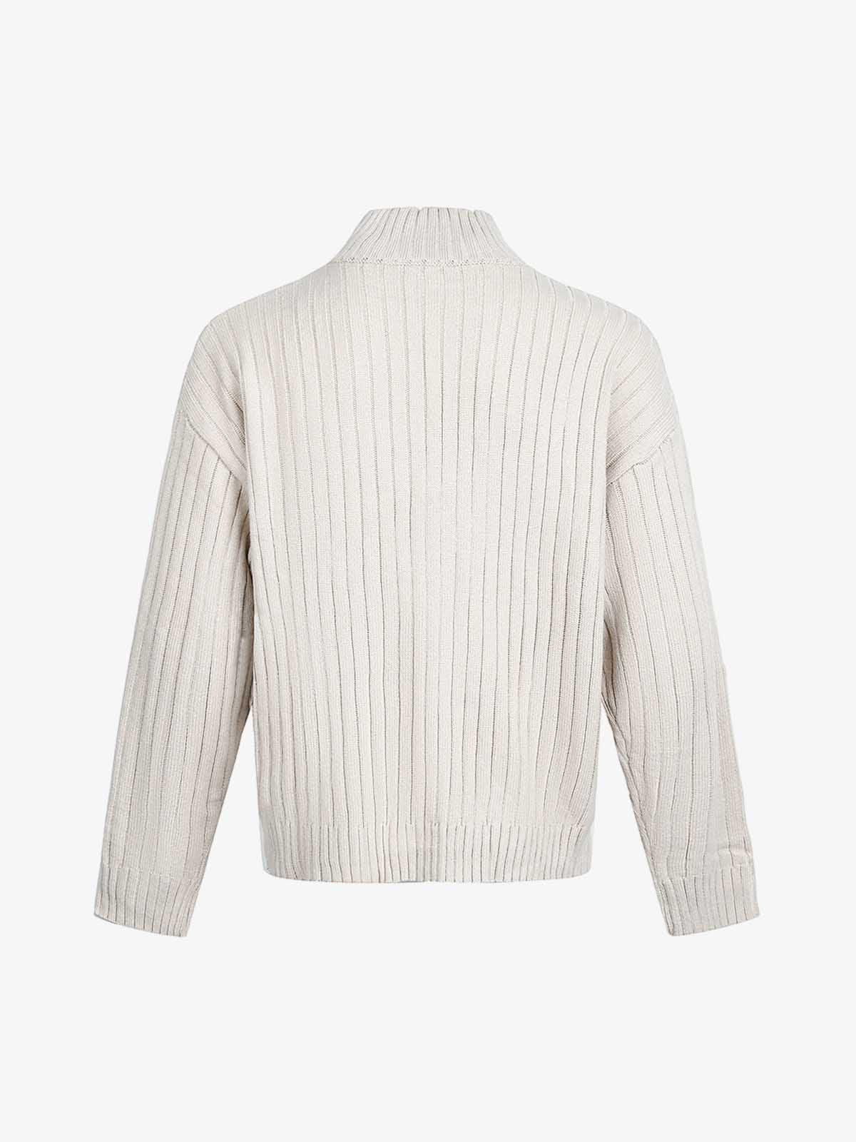 Retro Abstract Print Ribbed Stand Collar Zip-Up Sweater - Image 2