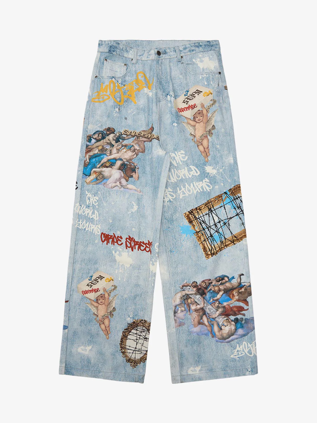 Retro Artistic Graffiti Angelic Prints Baggy Jeans - Image 2