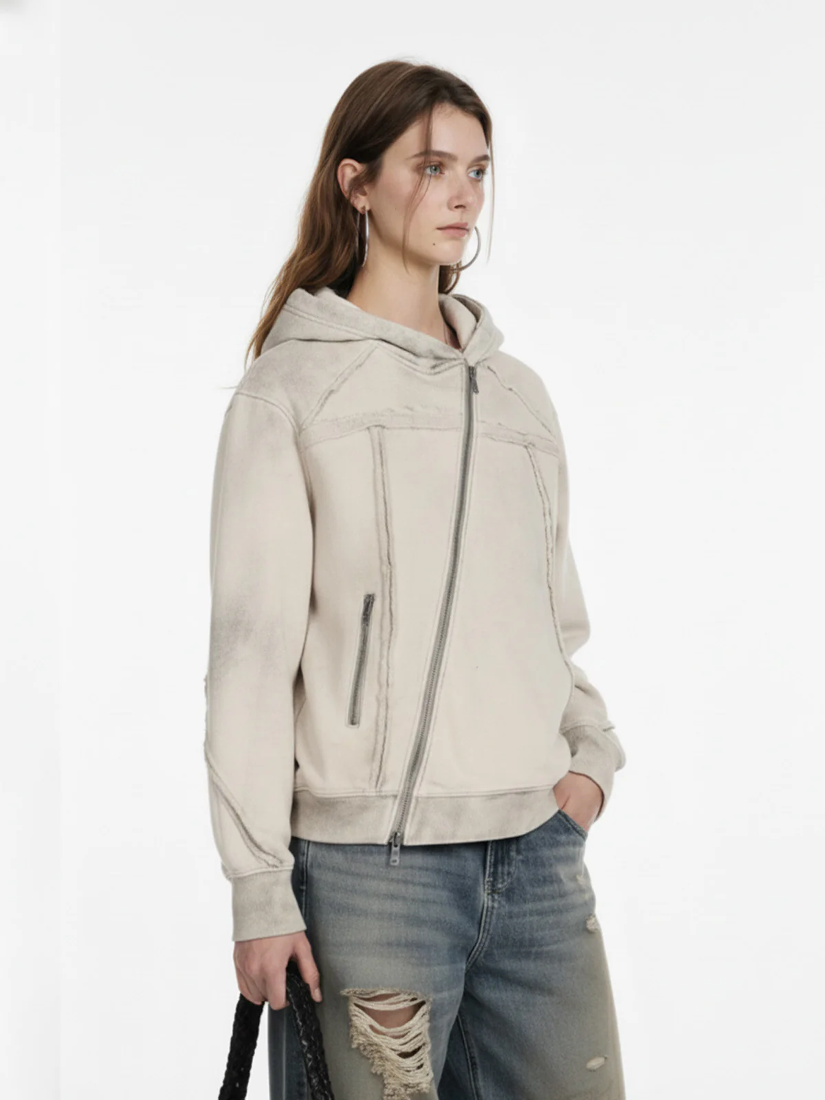 Retro Asymmetric Zip Up Deconstructed Hoodie - Image 3