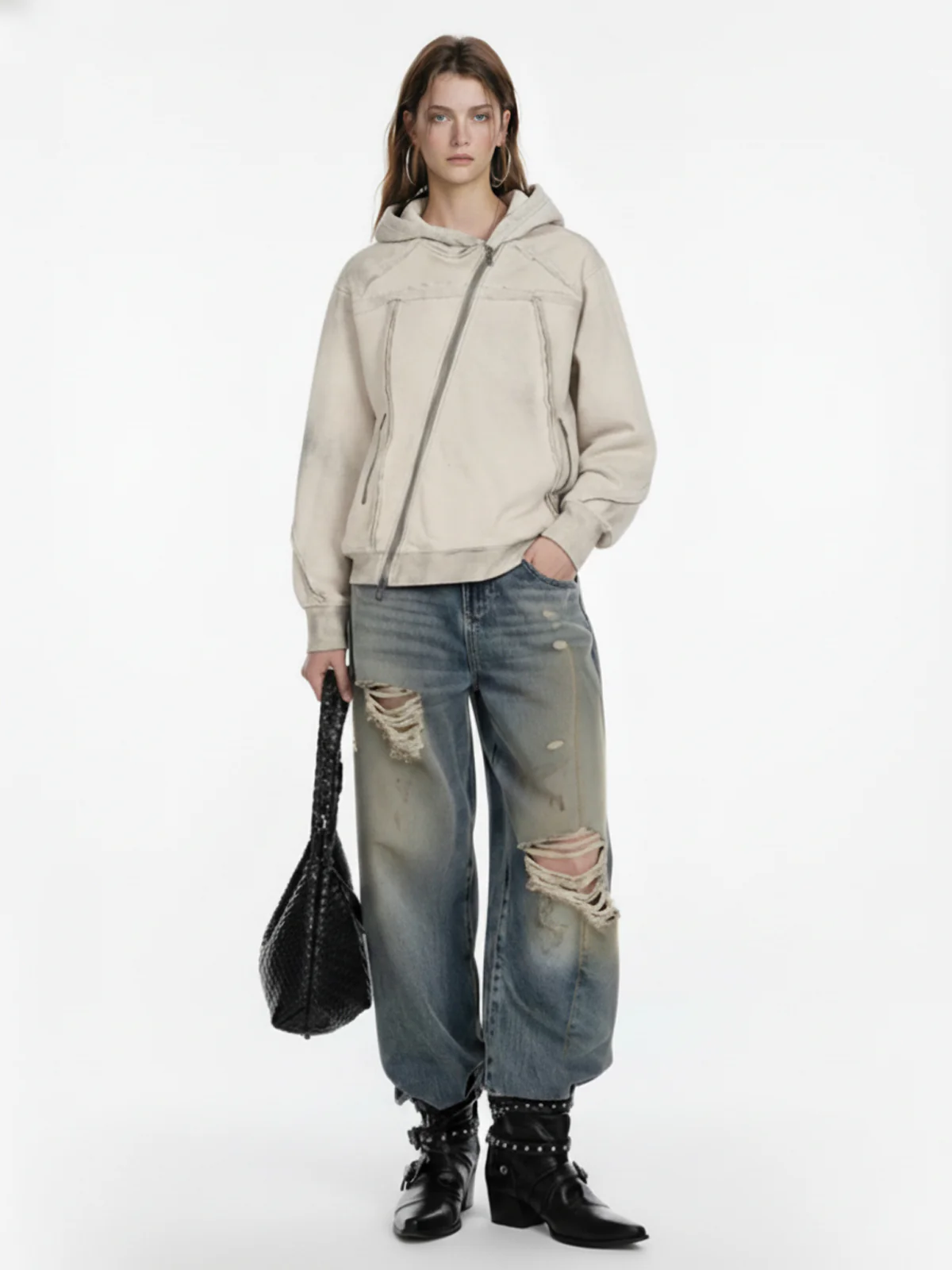Retro Asymmetric Zip Up Deconstructed Hoodie - Image 4