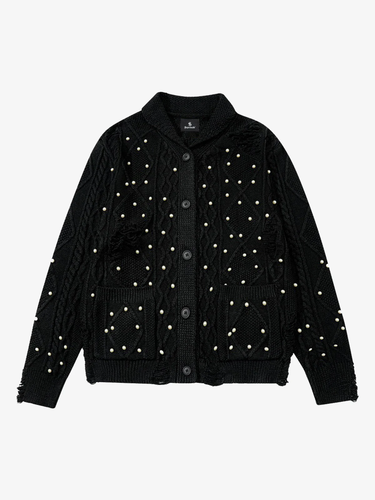 Retro Beaded Crochet Distressed Knit Cardigan - Image 2