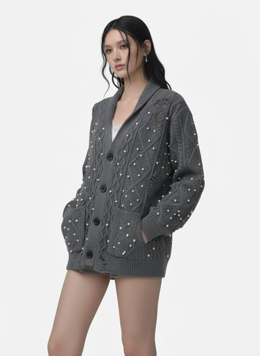 Retro Beaded Crochet Distressed Knit Cardigan - Image 3