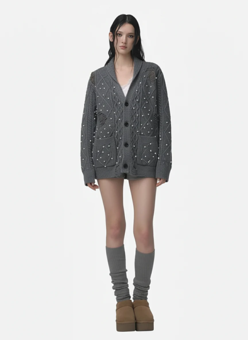Retro Beaded Crochet Distressed Knit Cardigan - Image 4