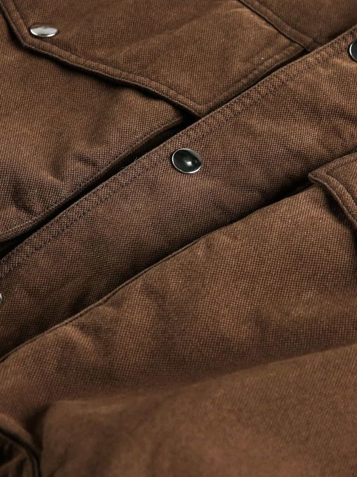 Retro Brown Corduroy Faux Fur Collar Buckle Bomber Jacket - Image 13