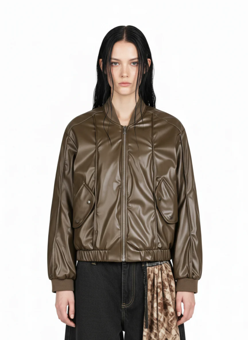 Retro Brown Faux Leather Zip-Up Bomber Jacket - Image 3