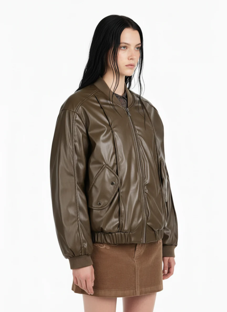 Retro Brown Faux Leather Zip-Up Bomber Jacket - Image 4
