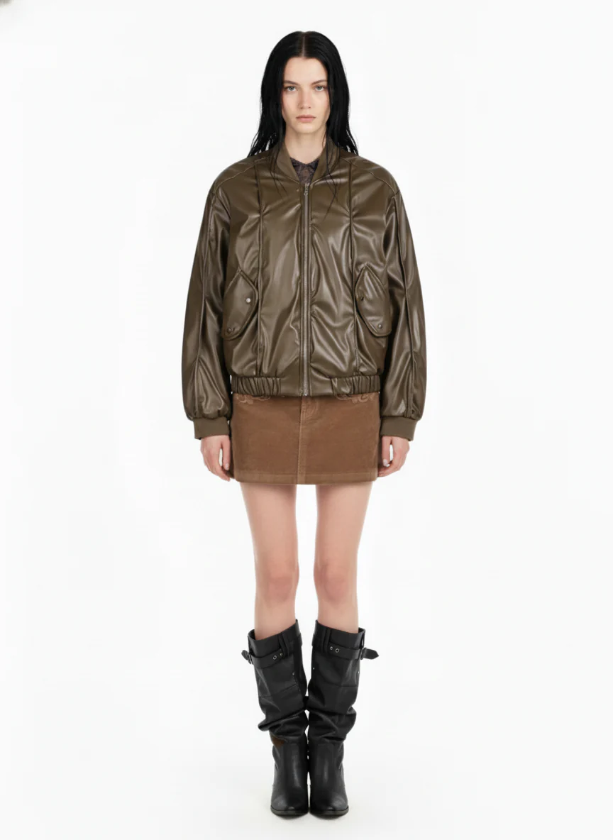 Retro Brown Faux Leather Zip-Up Bomber Jacket - Image 5