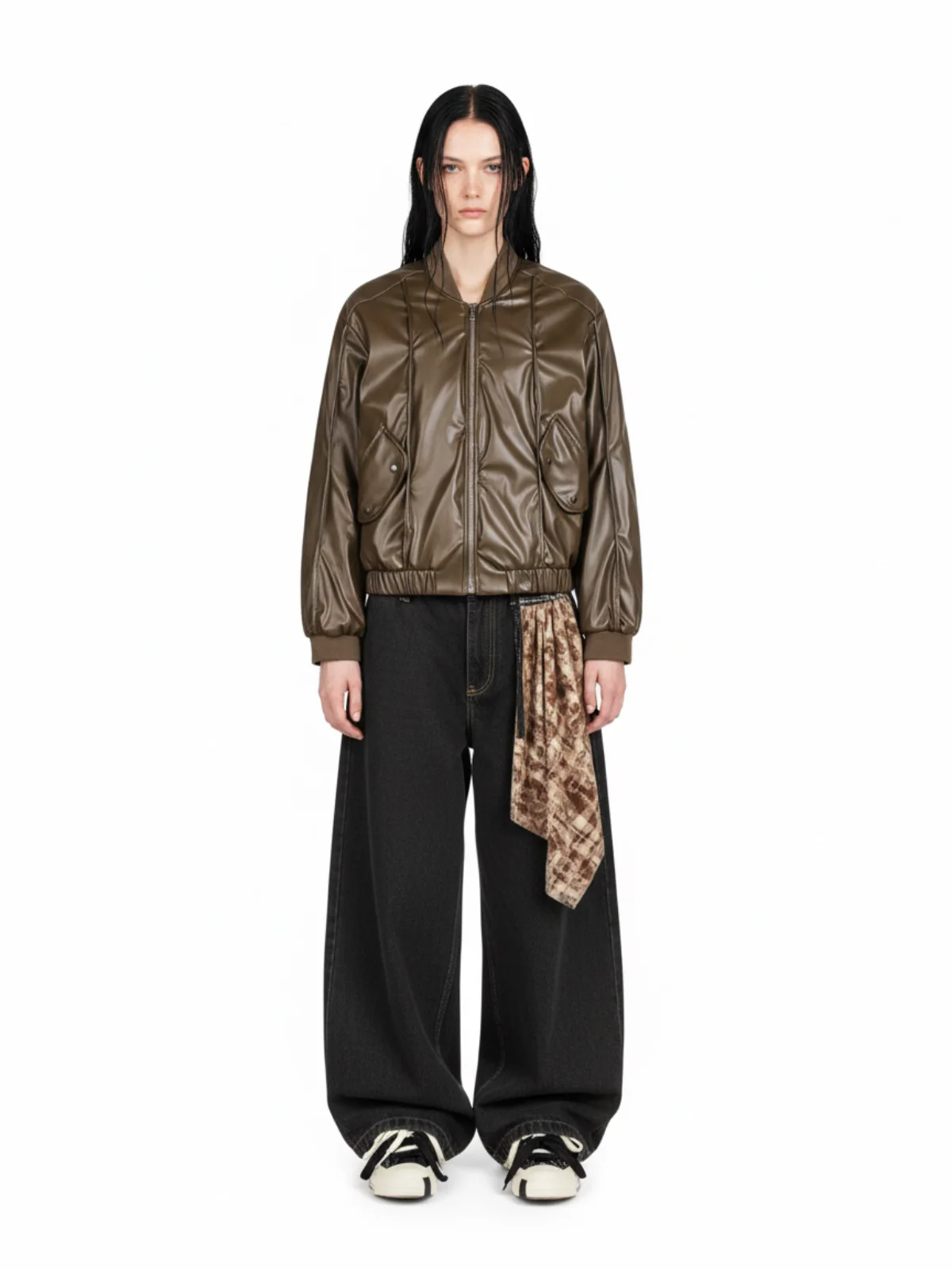 Retro Brown Faux Leather Zip-Up Bomber Jacket - Image 6