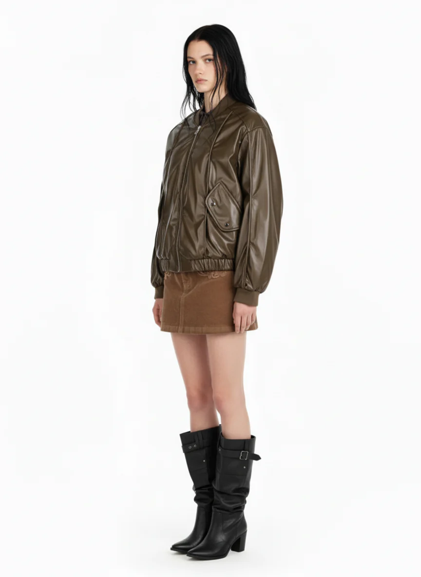 Retro Brown Faux Leather Zip-Up Bomber Jacket - Image 7