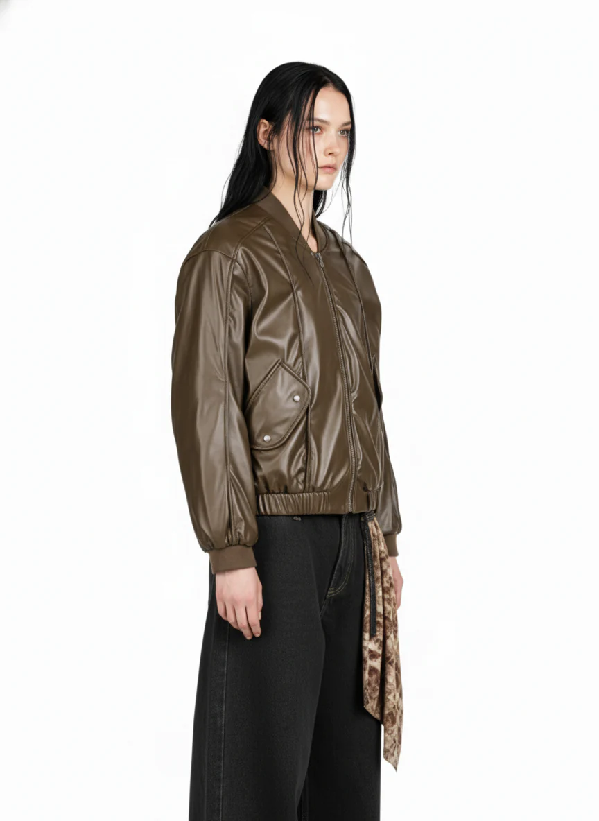 Retro Brown Faux Leather Zip-Up Bomber Jacket - Image 8