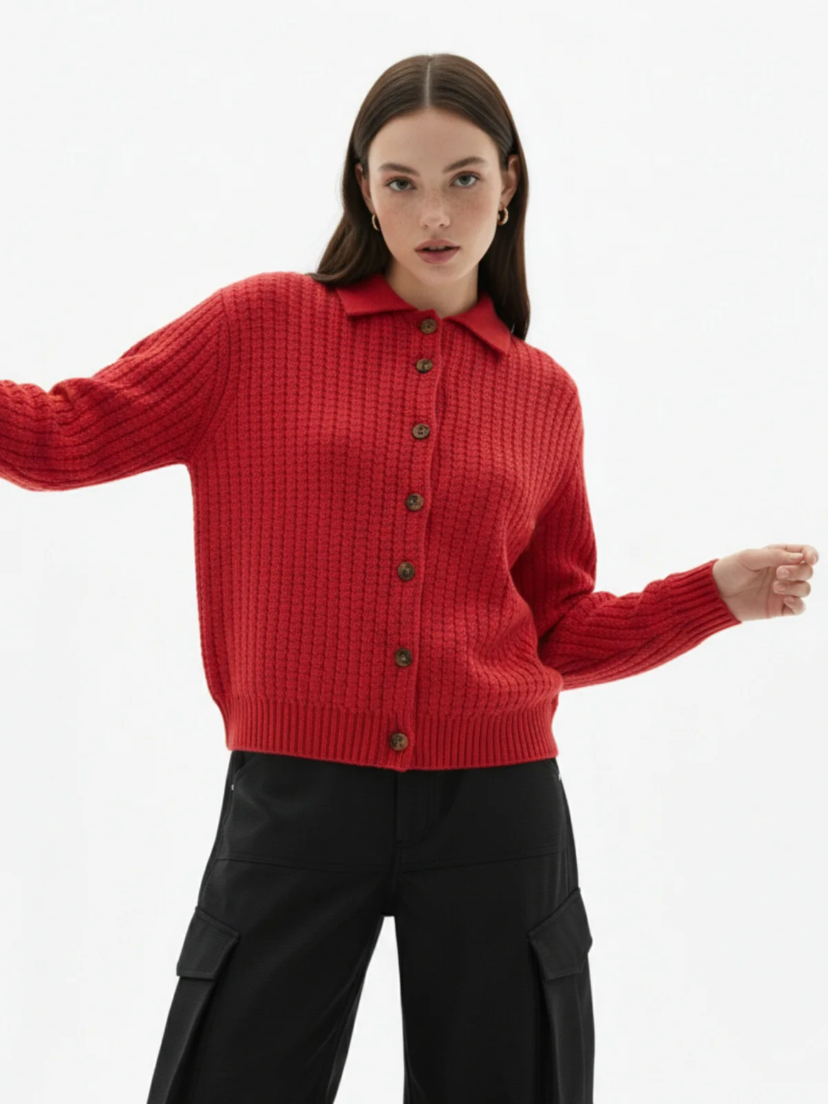 Retro Cable Knit Button-Up Collared Cardigan Sweater - Image 3