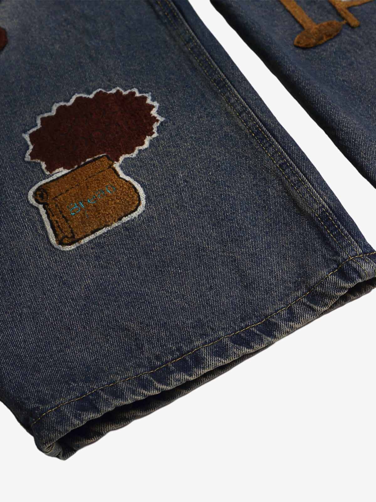 Retro Cartoon Graphic Heavy Embroidery Barrel Jeans - Image 10