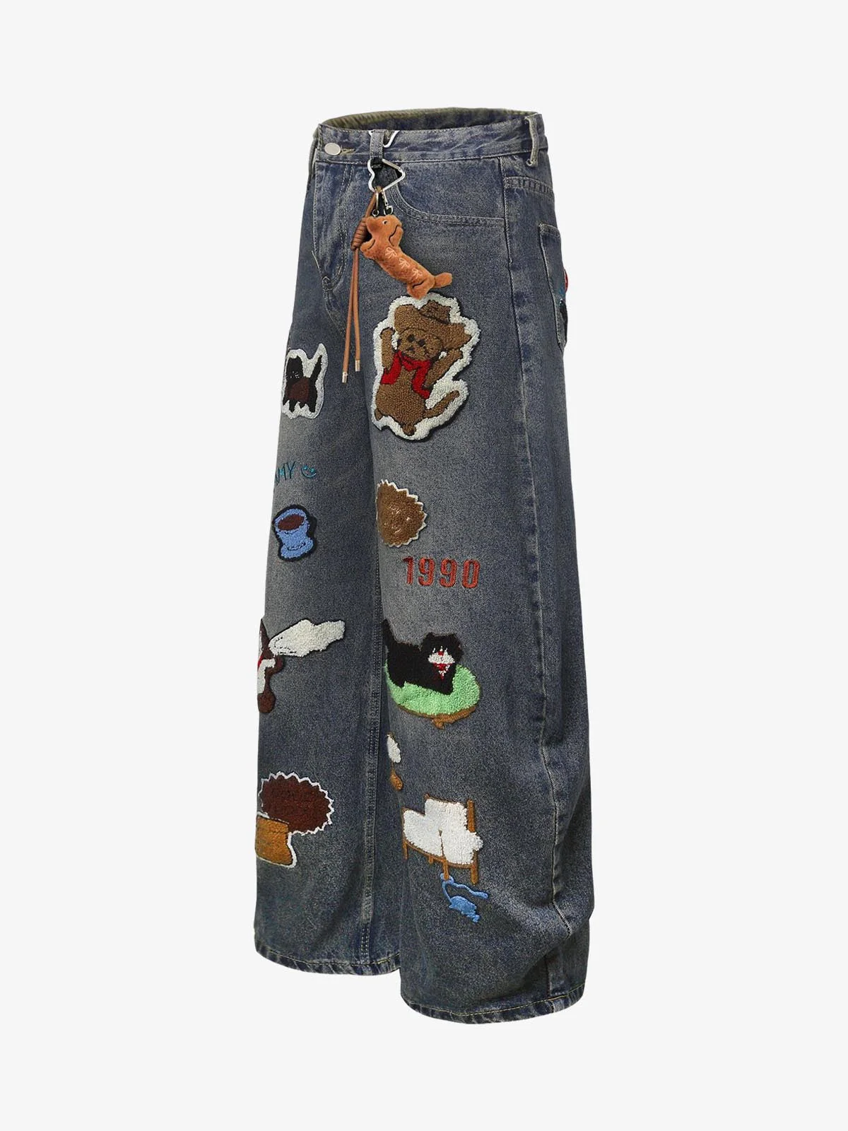 Retro Cartoon Graphic Heavy Embroidery Barrel Jeans - Image 8