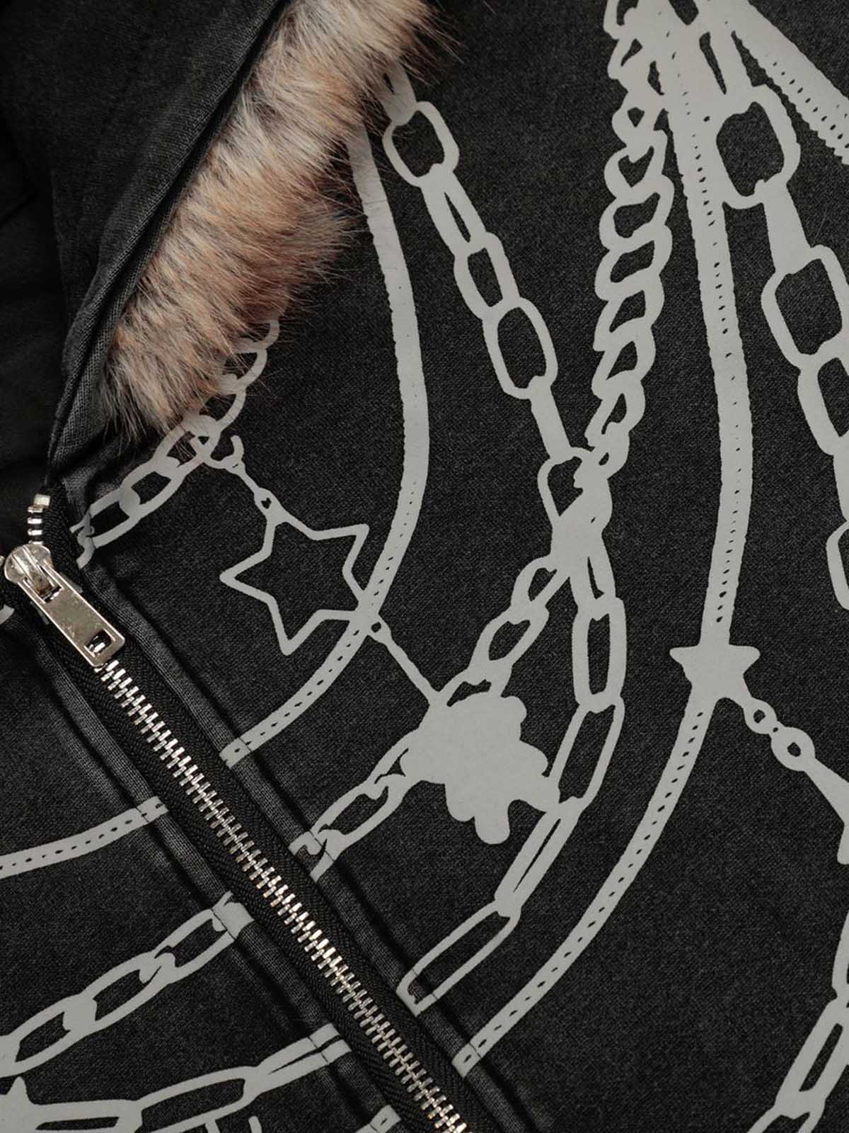 Retro Chain-Decorated Washed Fur Collar Hooded Jacket - Image 10