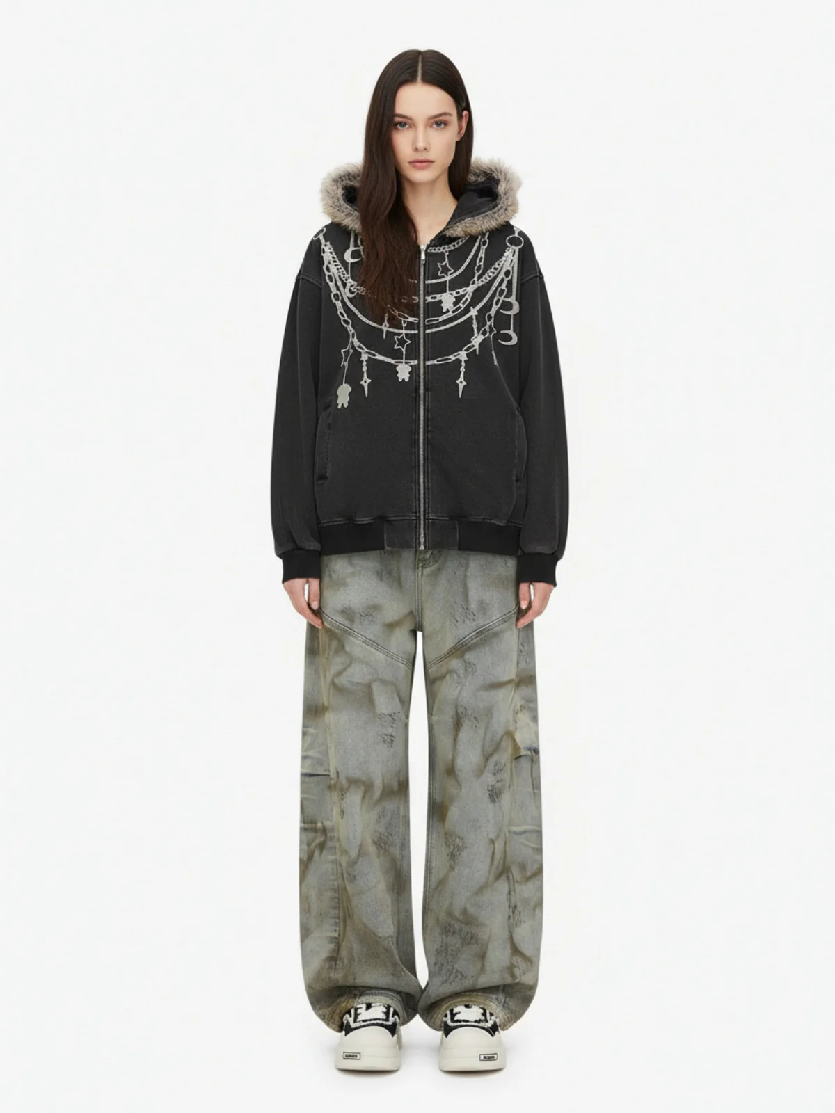 Retro Chain-Decorated Washed Fur Collar Hooded Jacket - Image 3