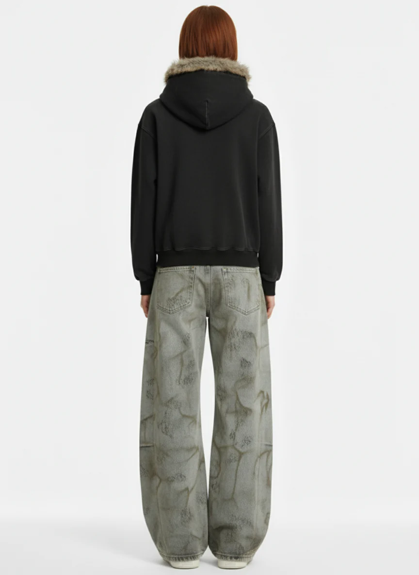 Retro Chain-Decorated Washed Fur Collar Hooded Jacket - Image 4