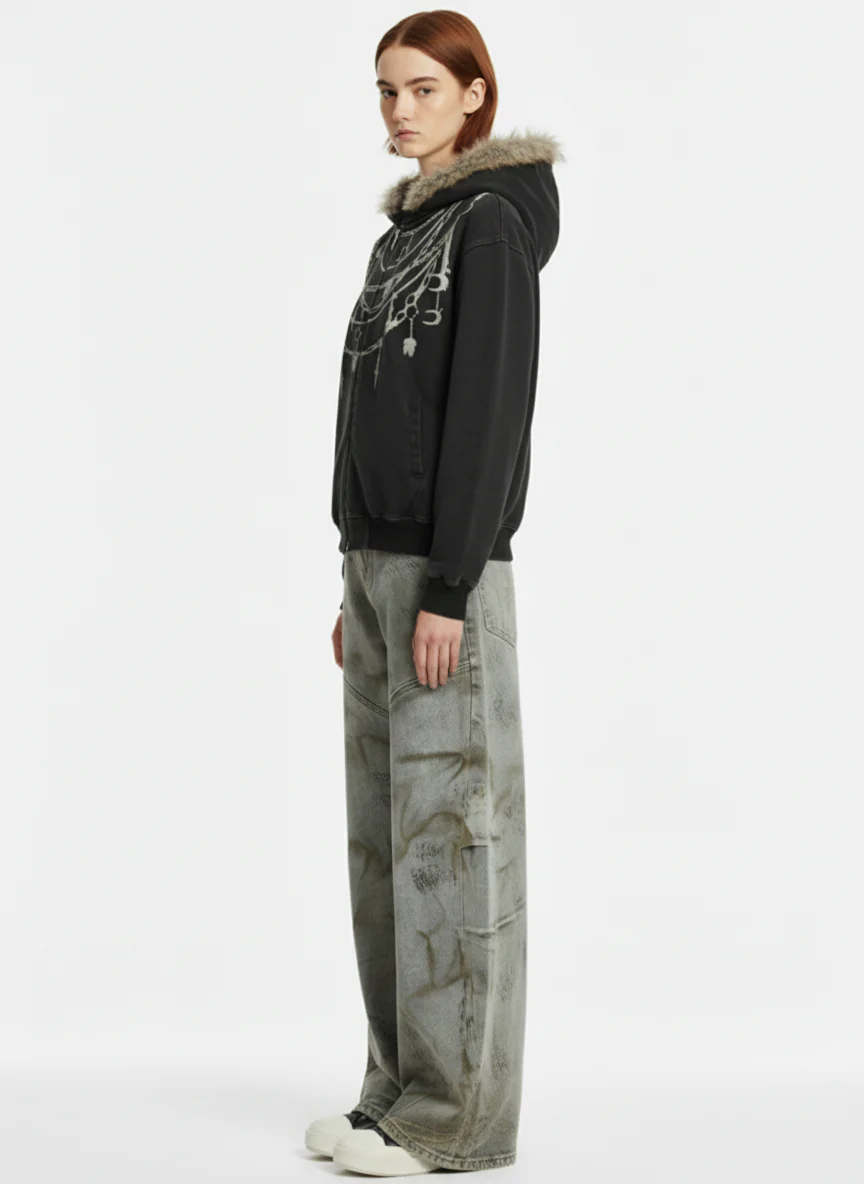 Retro Chain-Decorated Washed Fur Collar Hooded Jacket - Image 5