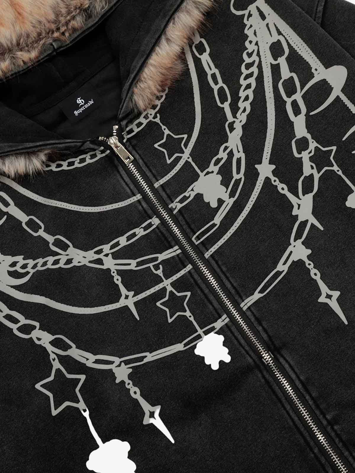 Retro Chain-Decorated Washed Fur Collar Hooded Jacket - Image 7