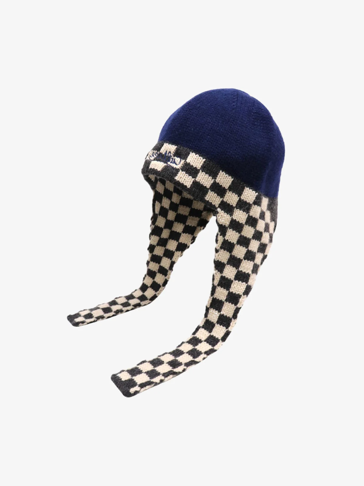 Retro Checkerboard Knit Color-Block Earflap Beanie Hat - Image 2