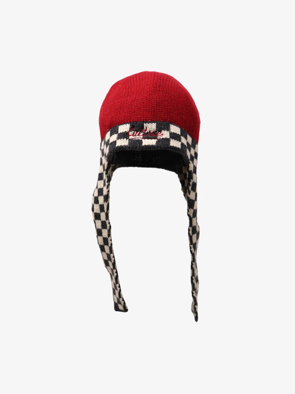 Retro Checkerboard Knit Color-Block Earflap Beanie Hat - Image 3