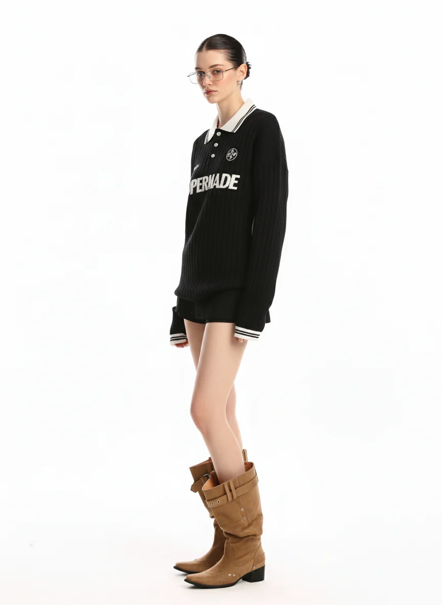 Retro College Polo Collar Knit Sweater - Image 5
