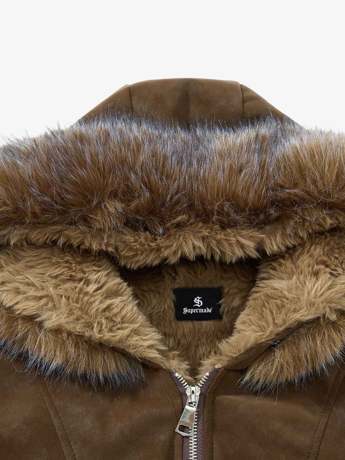 Retro Detachable Faux Fur Collar Suede Fleece Hoodie Jacket - Image 13