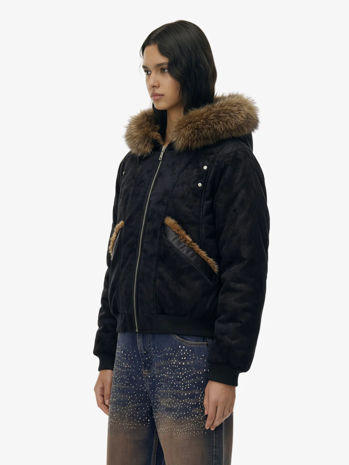 Retro Detachable Faux Fur Collar Suede Fleece Hoodie Jacket - Image 3