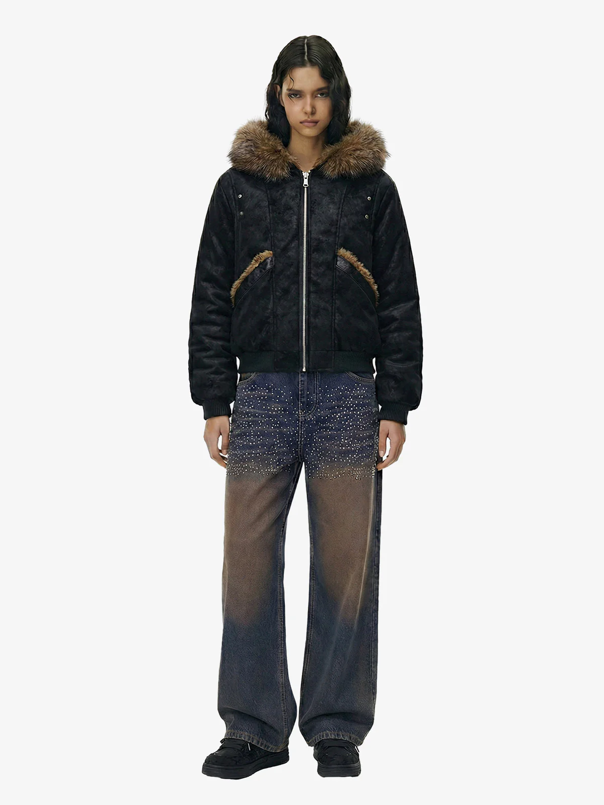 Retro Detachable Faux Fur Collar Suede Fleece Hoodie Jacket - Image 5