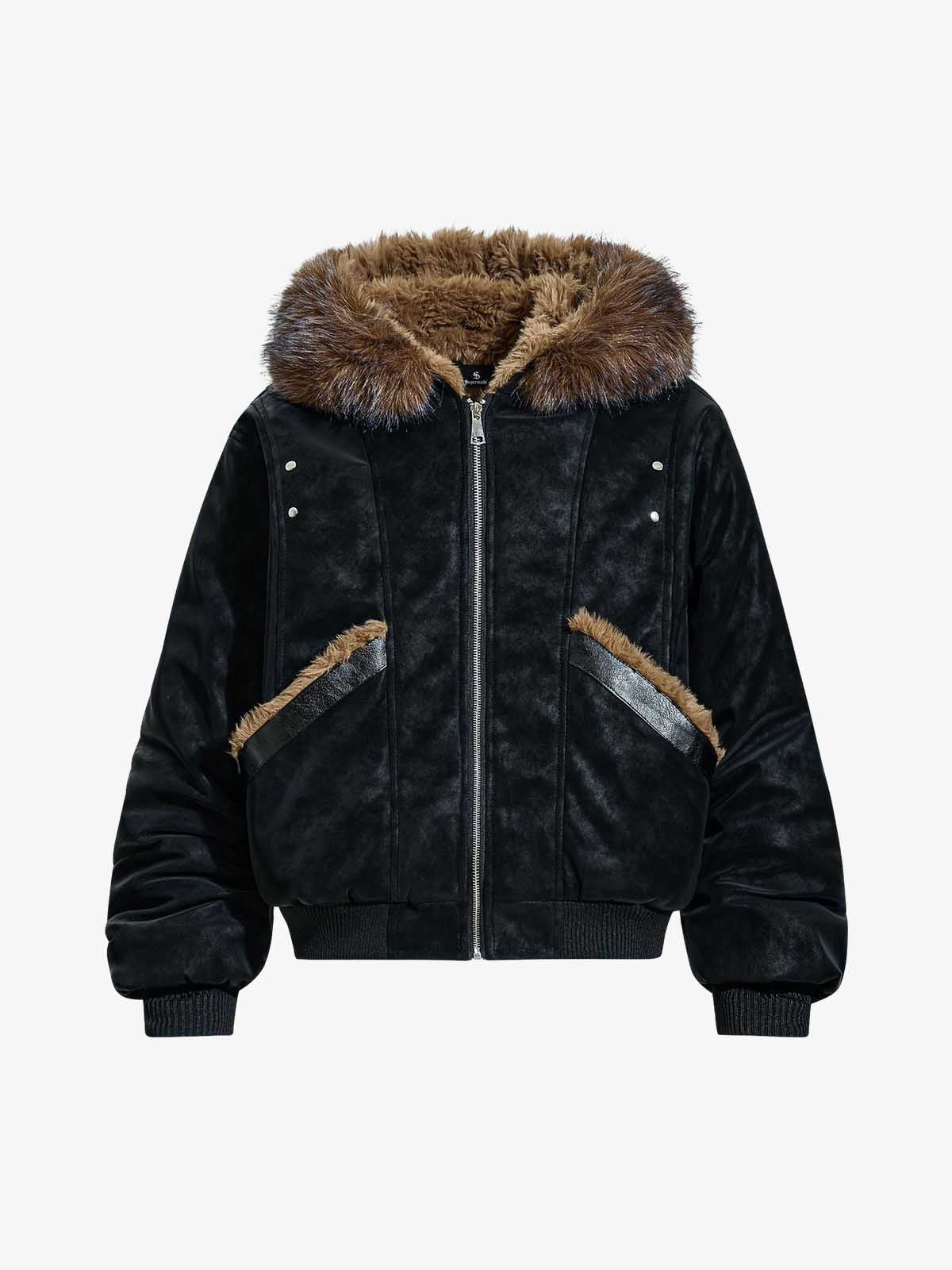 Retro Detachable Faux Fur Collar Suede Fleece Hoodie Jacket - Image 7