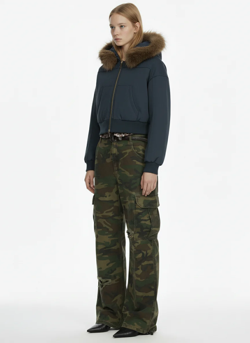 Retro Detachable Fur Collar Cropped Hooded Sweatshirt - Image 6