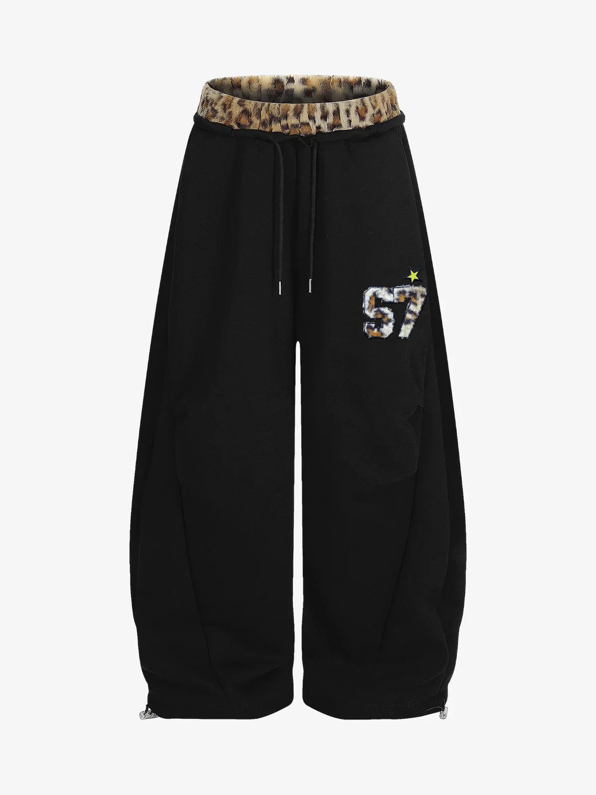 Retro Double-Waist Leopard Patch Barrel Pants - Image 2
