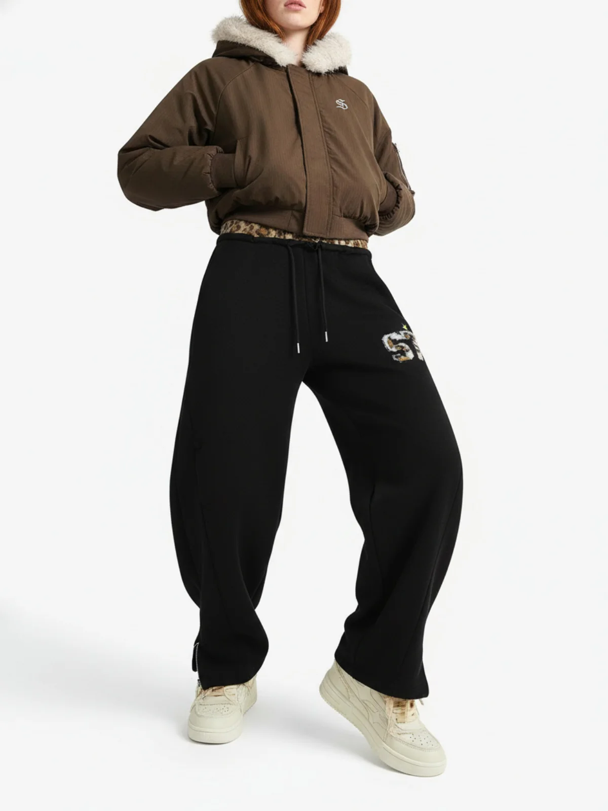 Retro Double-Waist Leopard Patch Barrel Pants - Image 6