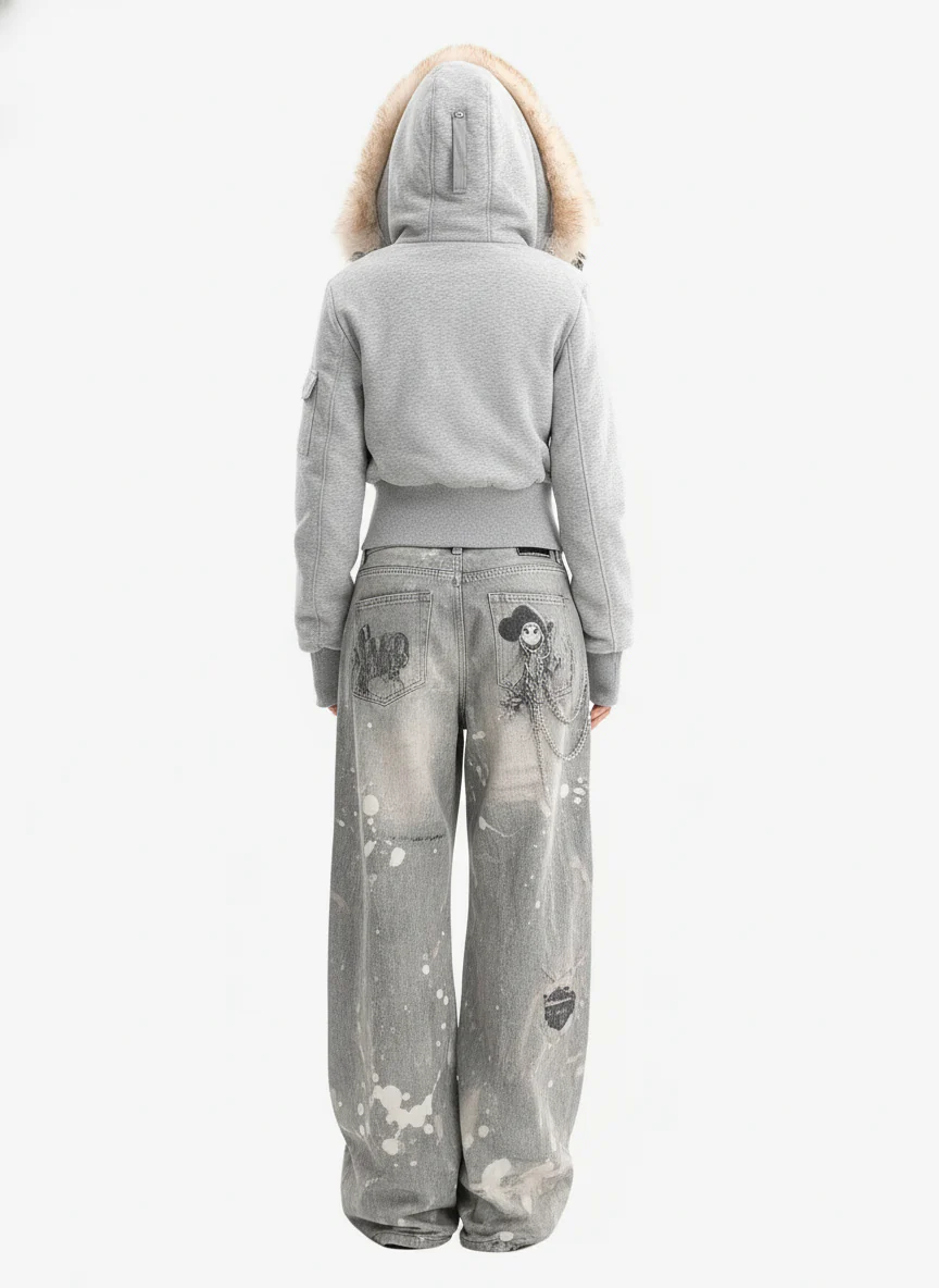 Retro Faux Fur Collar Fleece Zip Up Hoodie Jacket - Image 4