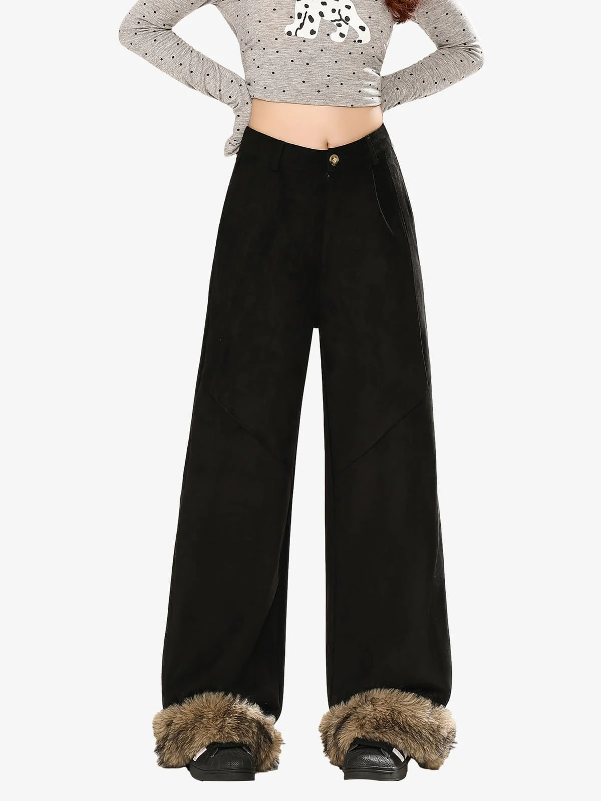 Retro Faux Fur Hem Wide-Leg Pants - Image 6
