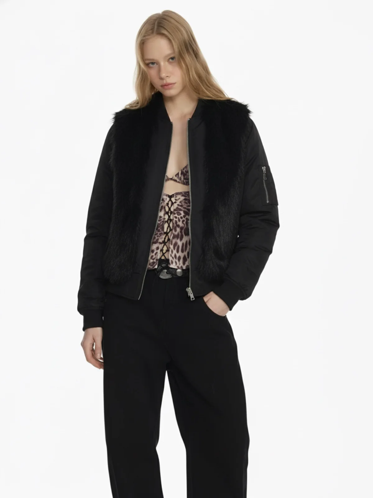 Retro Faux Fur Panel Quilted Zip-Up Bomber Jacket - Image 5