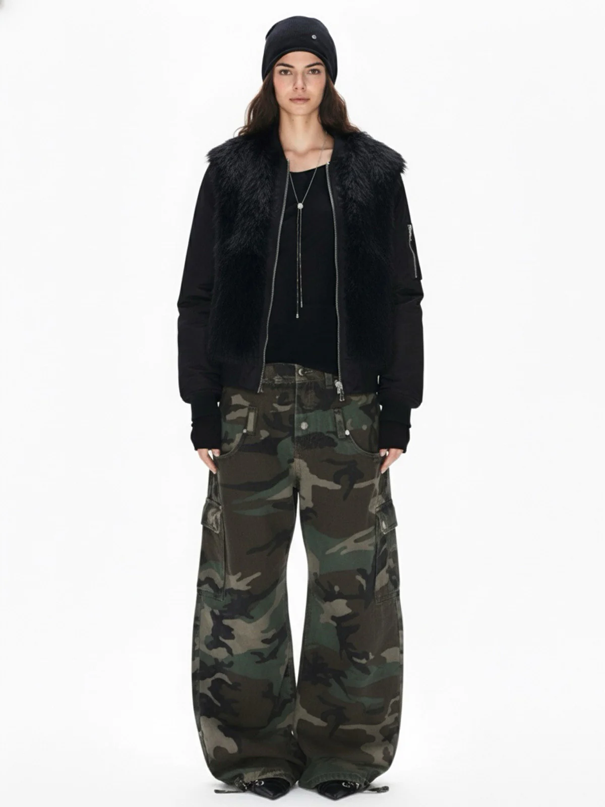 Retro Faux Fur Panel Quilted Zip-Up Bomber Jacket - Image 6