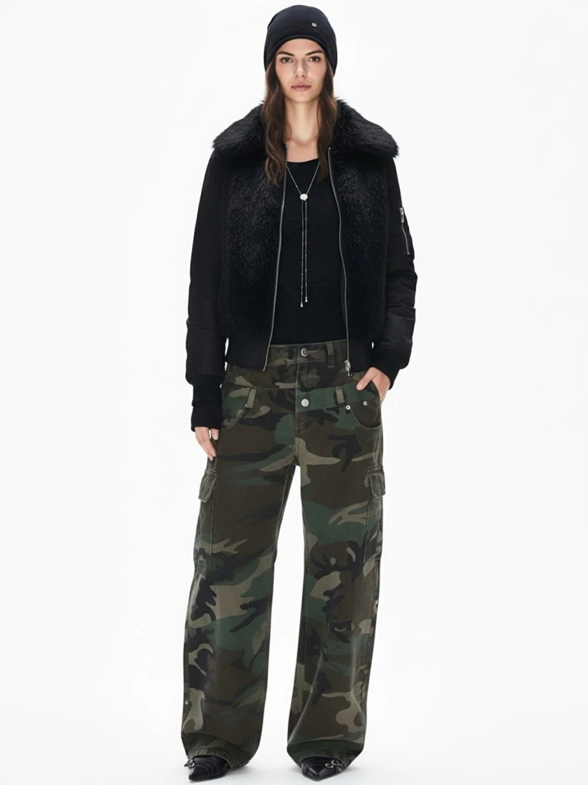 Retro Faux Fur Panel Quilted Zip-Up Bomber Jacket - Image 7