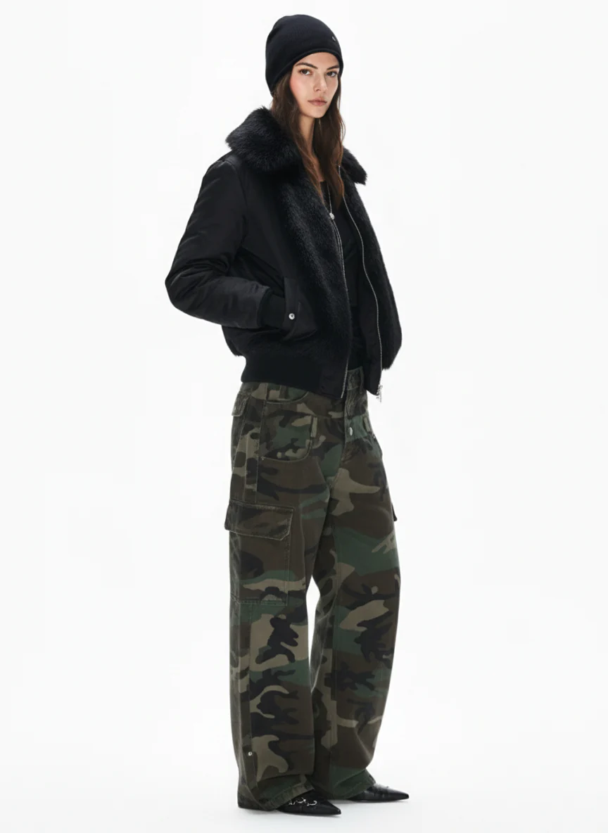 Retro Faux Fur Panel Quilted Zip-Up Bomber Jacket - Image 8