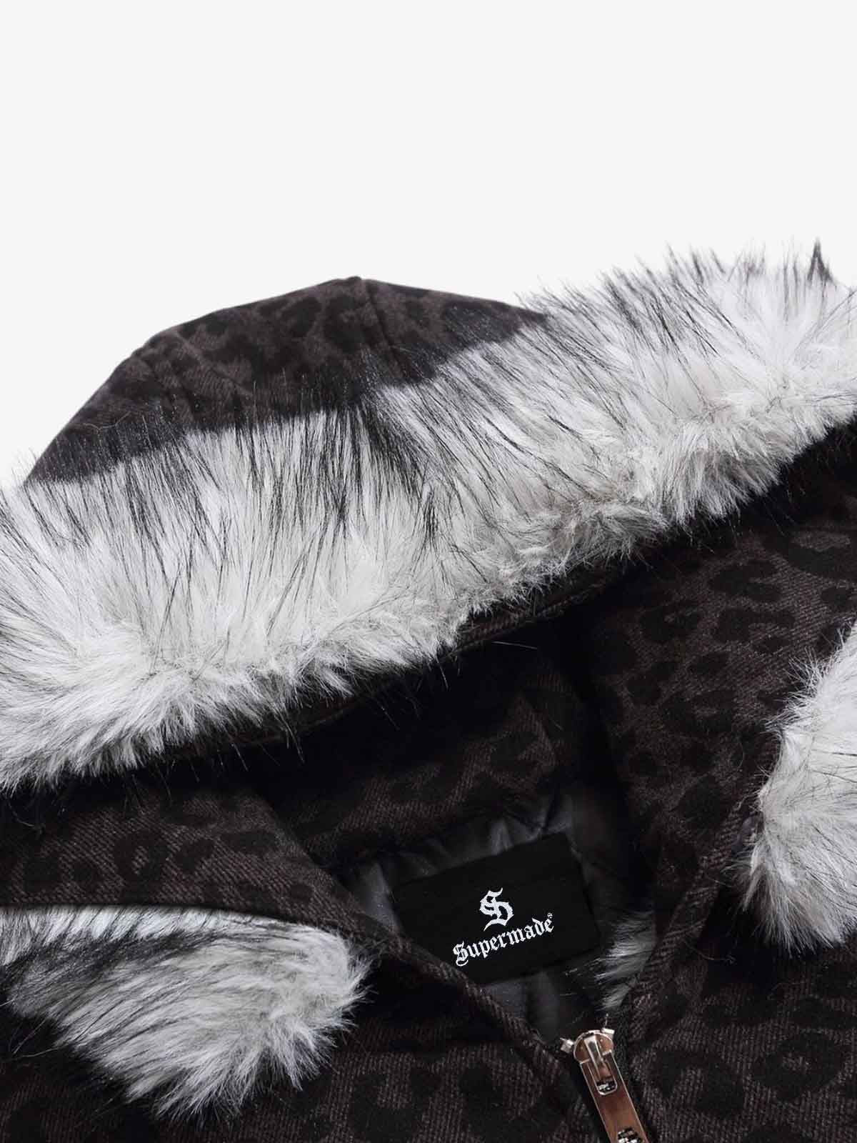 Retro Faux Fur Trimmed Hood Leopard Print Bomber Jacket - Image 10