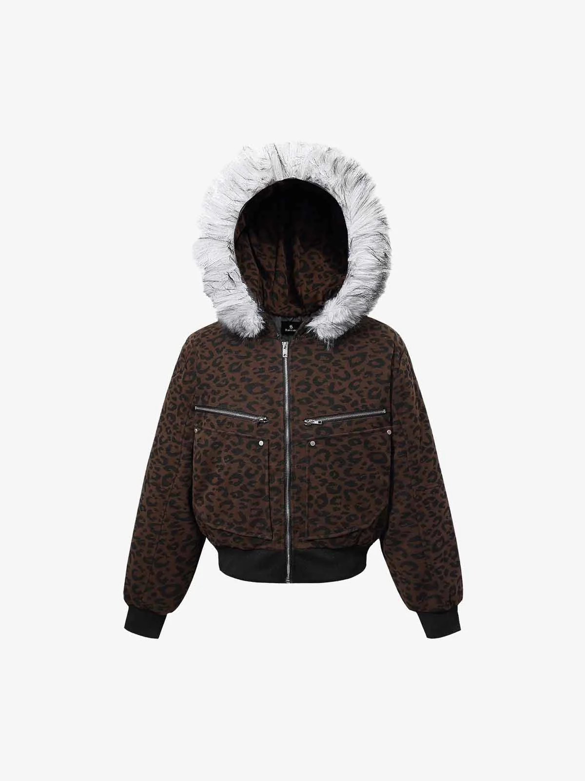 Retro Faux Fur Trimmed Hood Leopard Print Bomber Jacket - Image 5