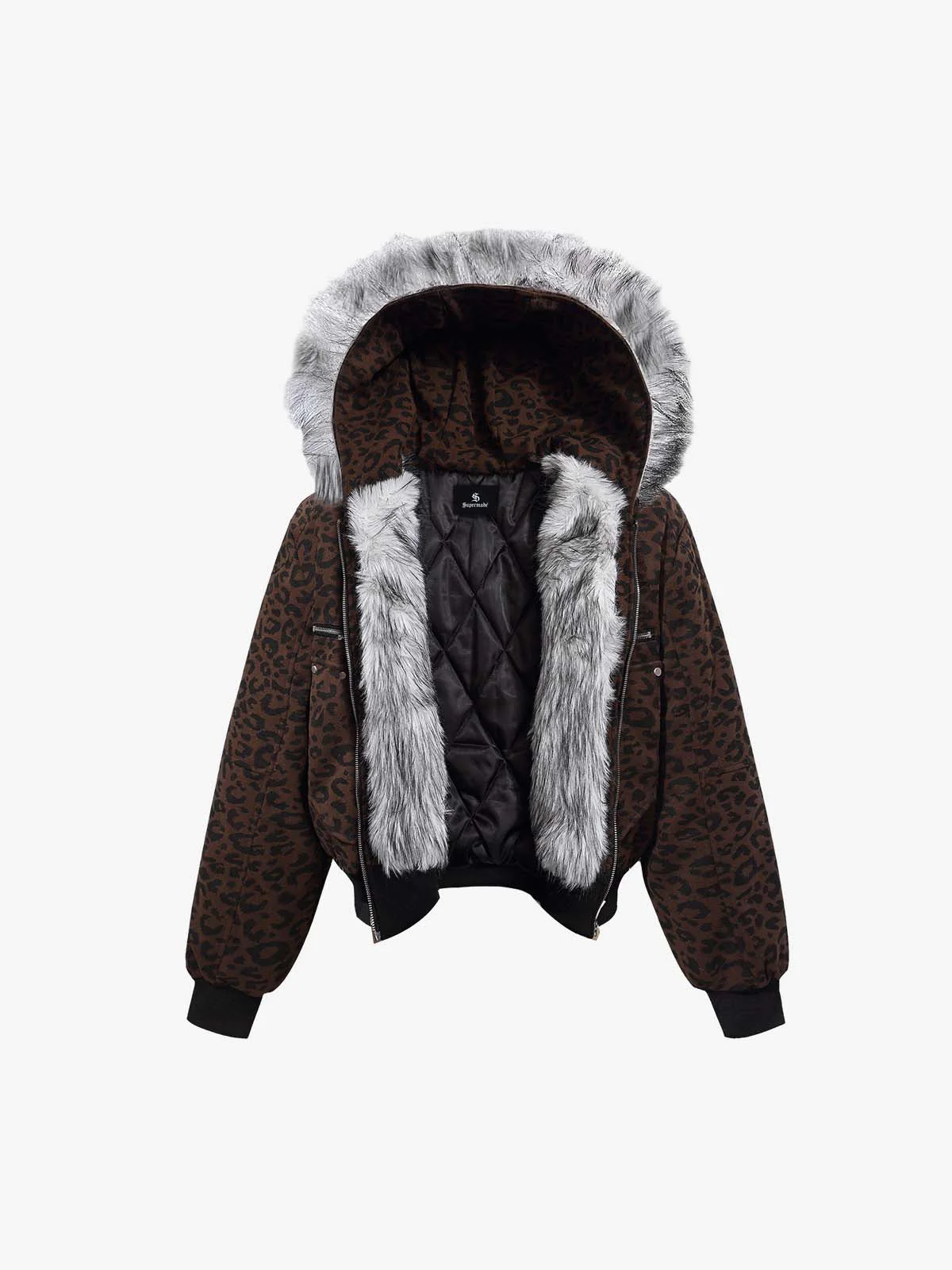 Retro Faux Fur Trimmed Hood Leopard Print Bomber Jacket - Image 6