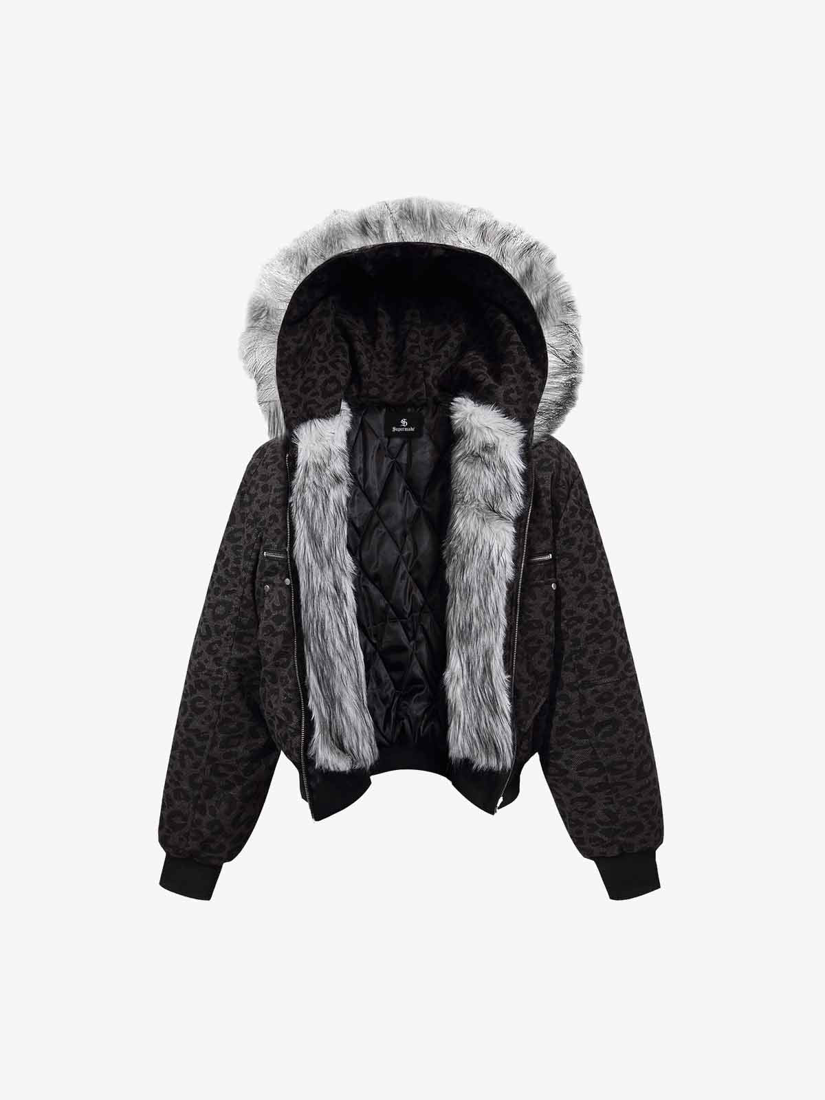 Retro Faux Fur Trimmed Hood Leopard Print Bomber Jacket - Image 7