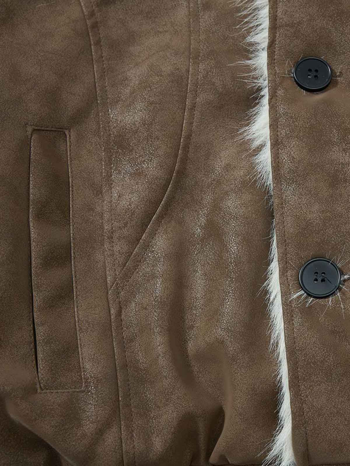 Retro Faux Suede Fur Lined Button-Up Bomber Jacket - Image 10