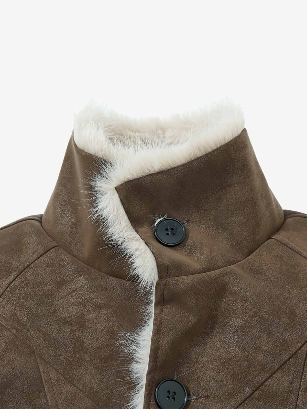 Retro Faux Suede Fur Lined Button-Up Bomber Jacket - Image 5
