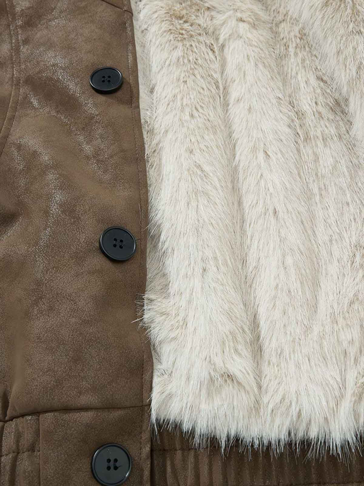 Retro Faux Suede Fur Lined Button-Up Bomber Jacket - Image 8