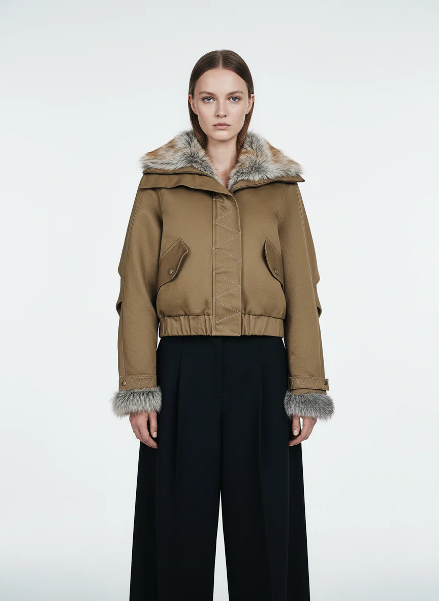 Retro Fur Collar Quilted Workwear Cotton Jacket