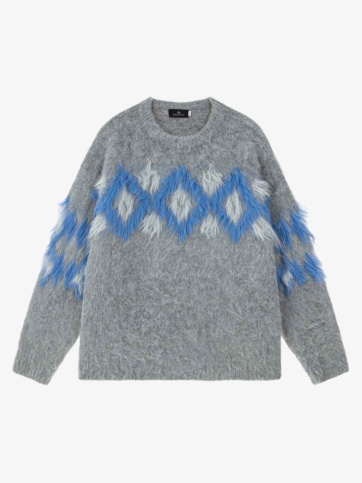 Retro Fuzzy Argyle Jacquard Knit Sweater - Image 2