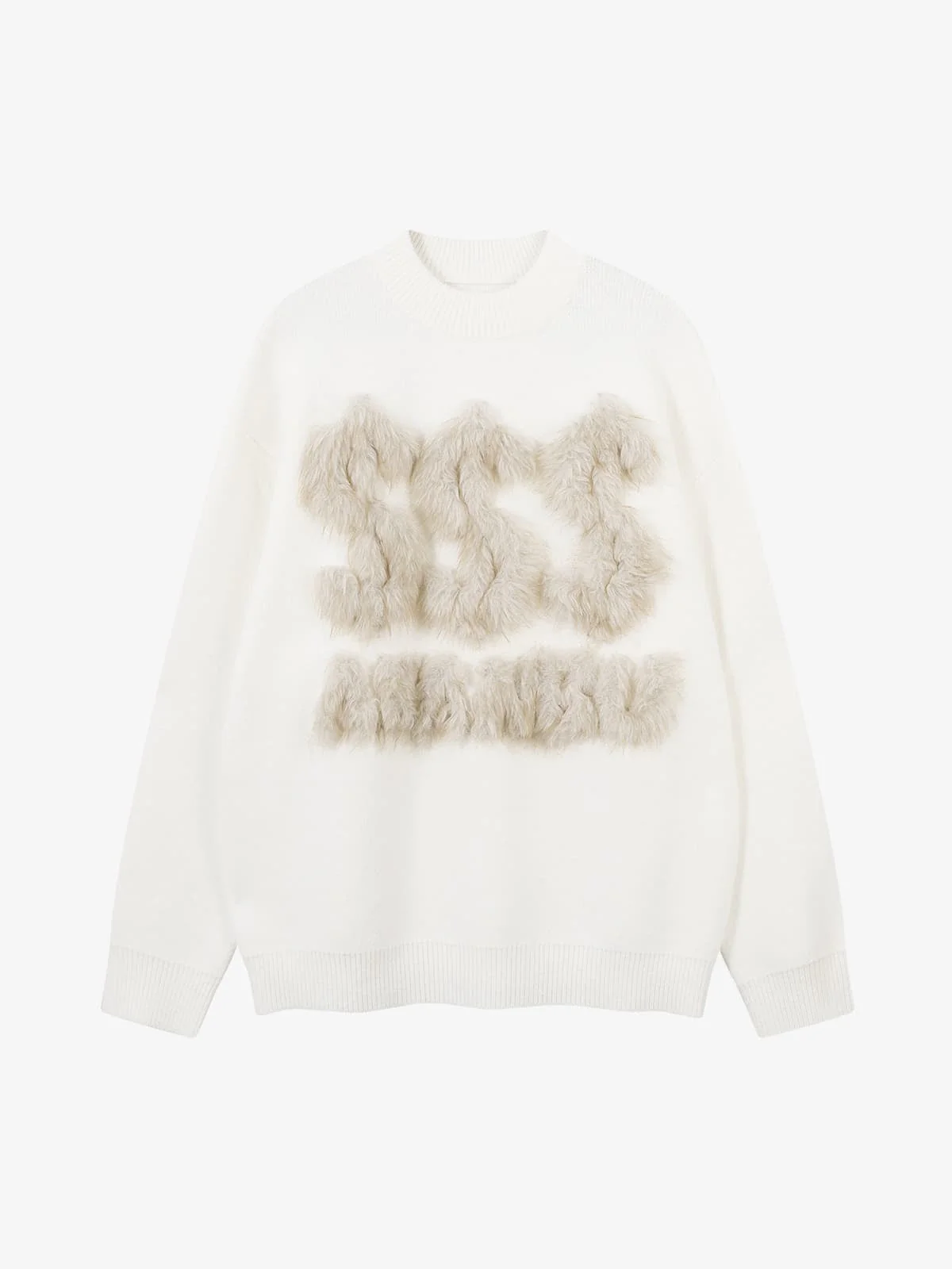 Retro Fuzzy Letter Patch Textured Knit Sweater
