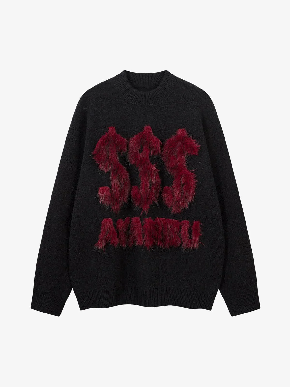 Retro Fuzzy Letter Patch Textured Knit Sweater - Image 3