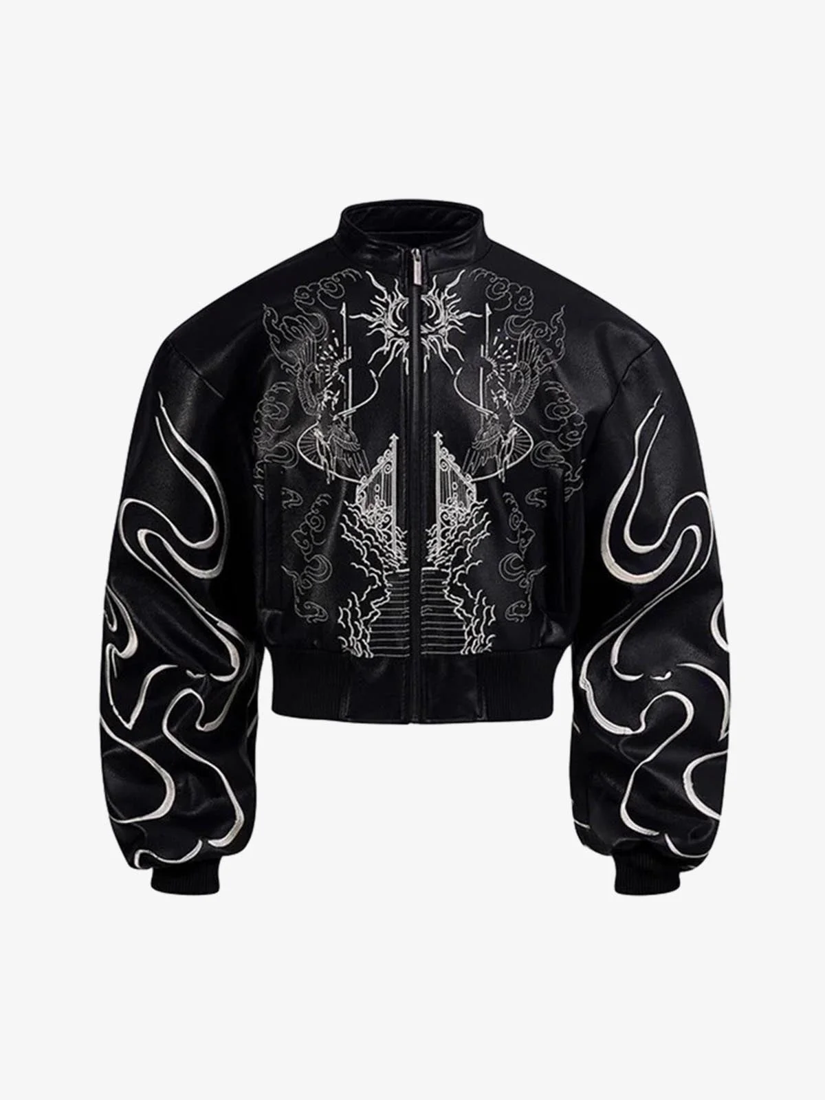 Retro Gothic Embroidered Stand-Collar Motorcycle Leather Bomber Jacket